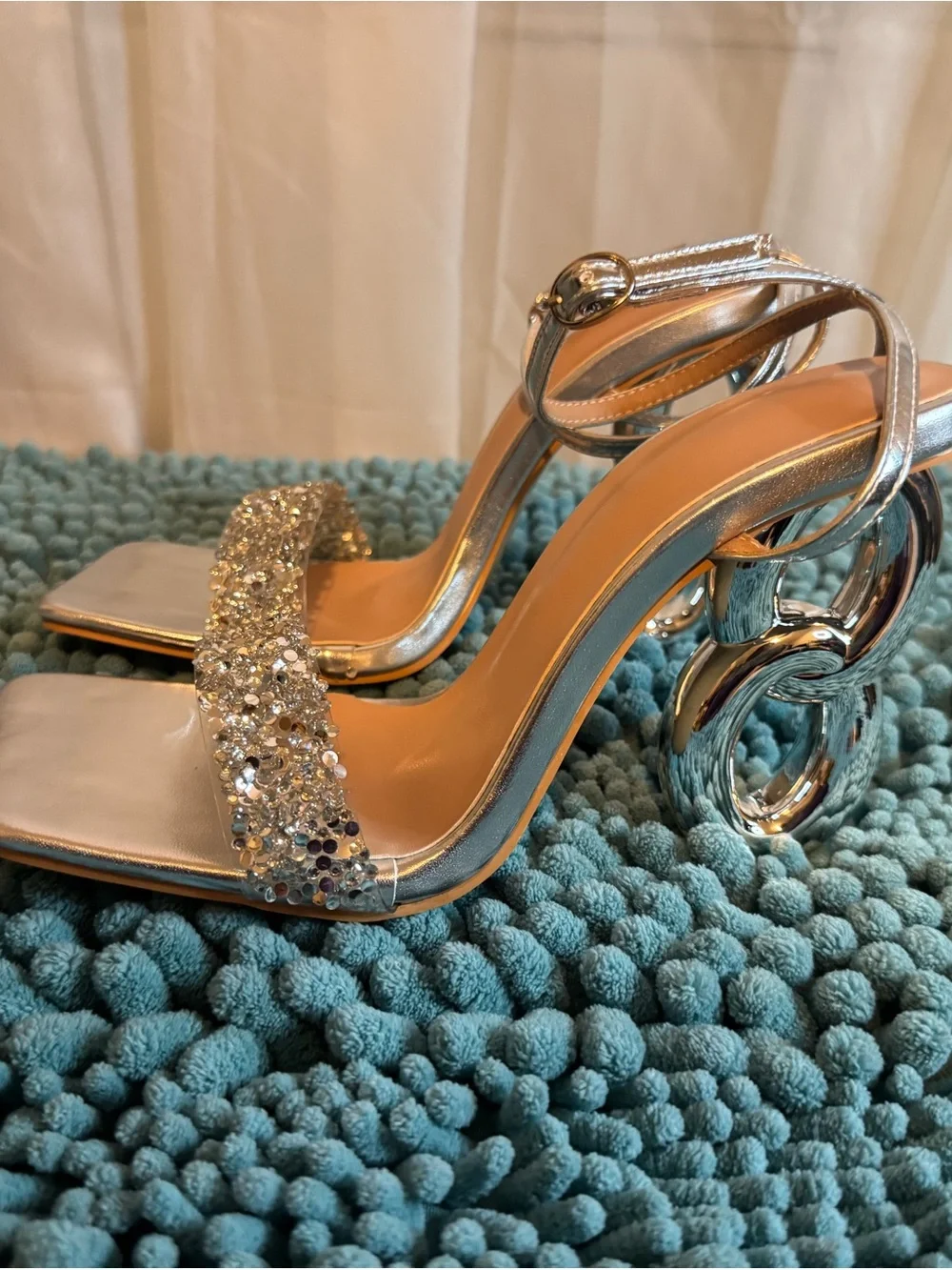 Silver Rhinestone Sculptural Heel Sandals NWOT Size 37/6